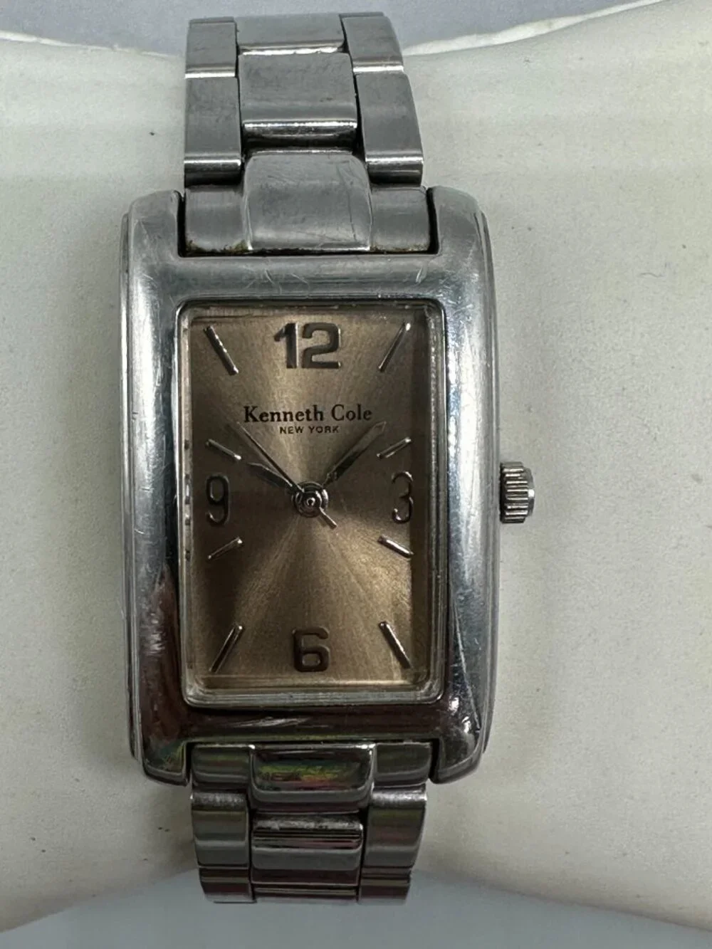3/$30 Kenneth Cole Women Tank Watch Silver Tone Brown Dial New Battery 6.25